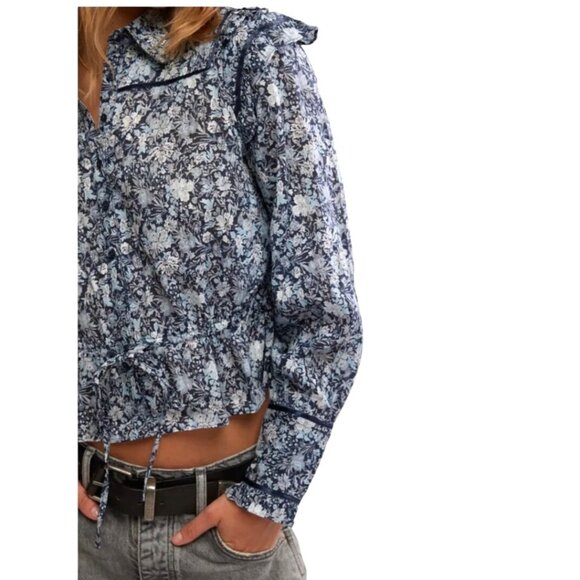Free People Printed Daybreak Chambray Combo Blouse Floral Ruffled Cotton Small - Picture 14 of 14
